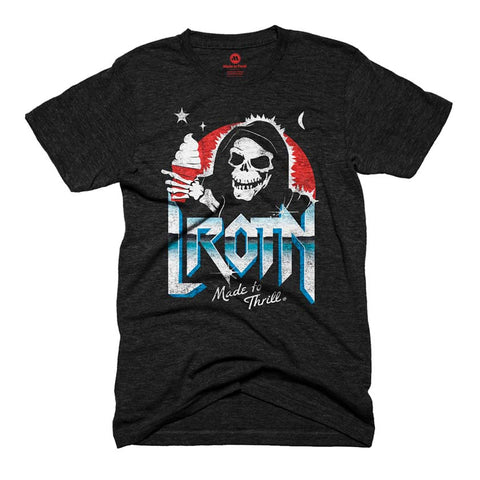 Black t-shirt with a graphic design featuring a skull and text on a white background