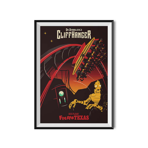 Six Flags Fiesta Texas x Made to Thrill Dr Diabolical's Cliffhanger Roller Coaster Poster